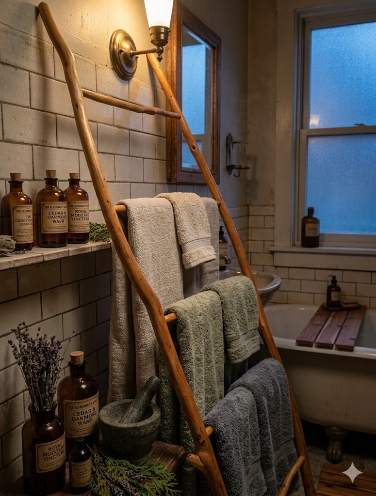 A 70 inch Red Cedar Limb Ladder leaning against a tiled wall