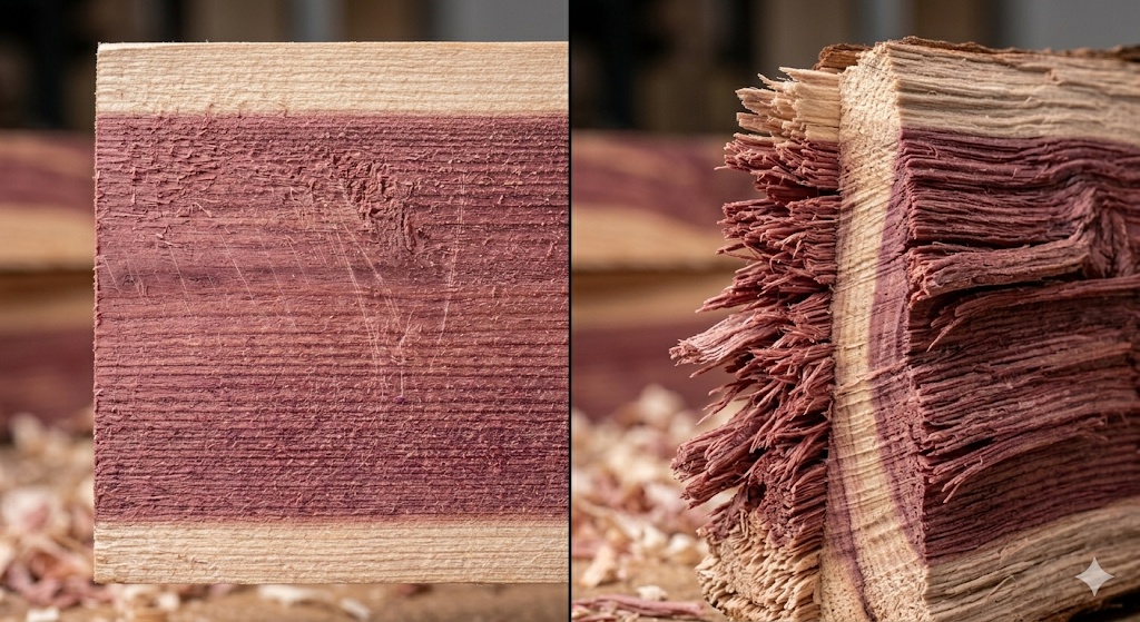 A side-by-side comparison photo of a riven rail vs a sawn board